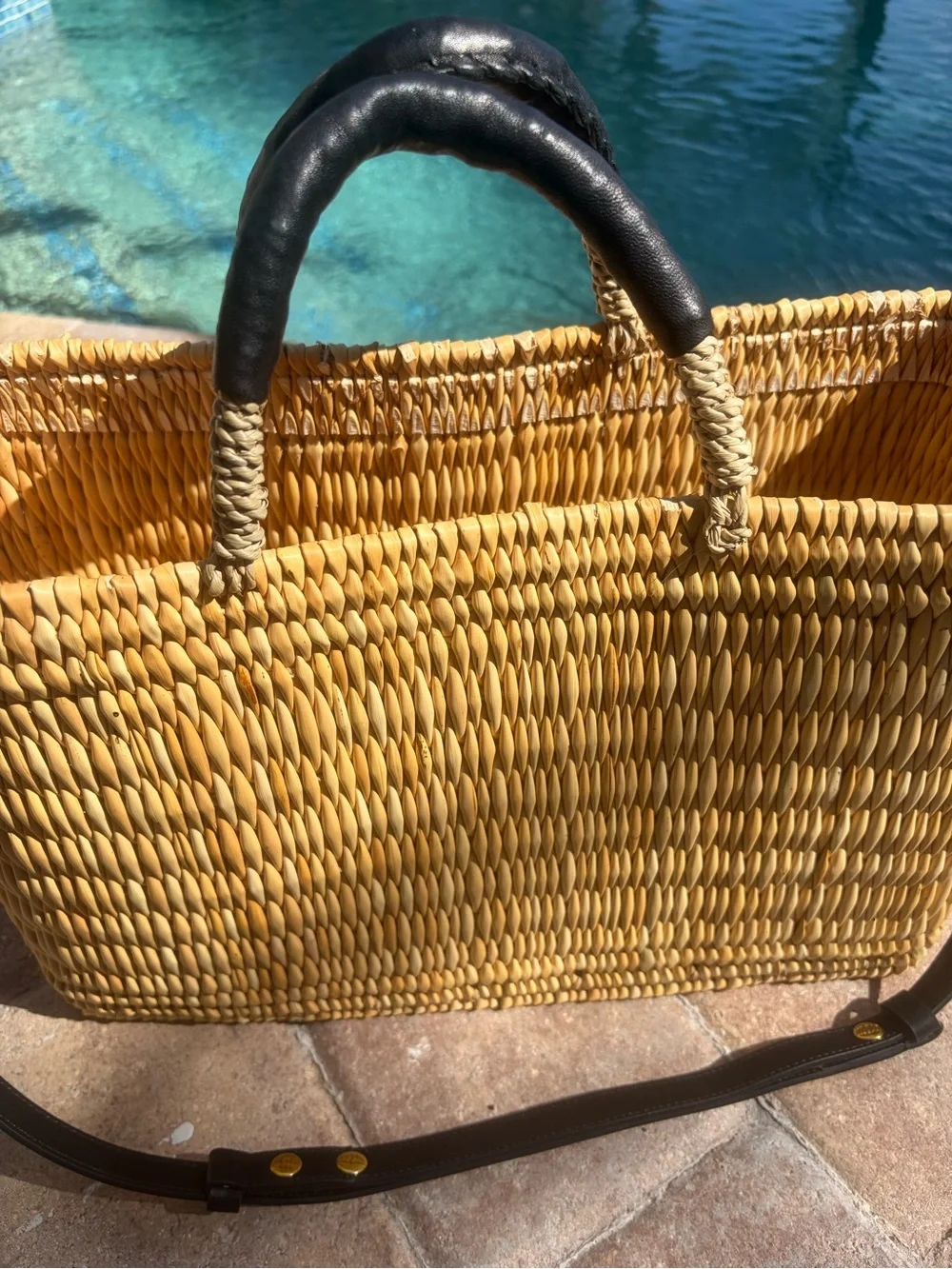 Vintage Wicker Woven Tote with Black Leather Handles